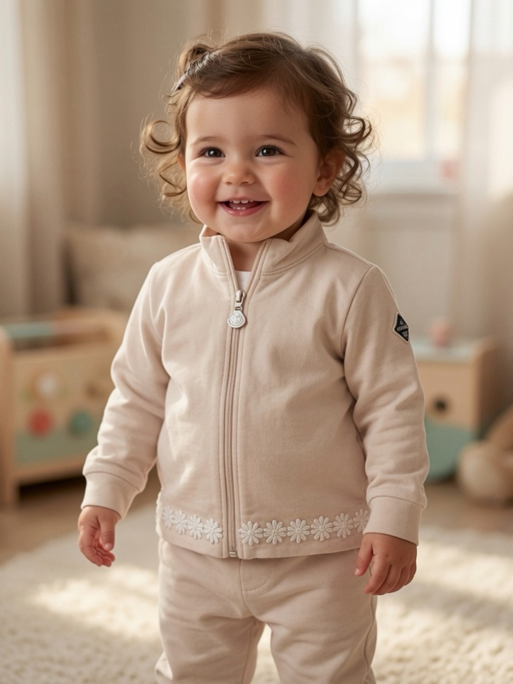 Authentic Moncler Girls' Light Pink Zip-Front Set with Daisy Embroidery